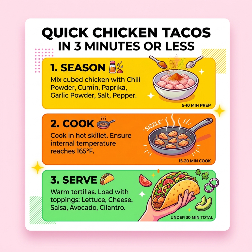 3-step quick chicken tacos process: season, cook, serve with toppings and times - quick chicken tacos recipe infographic 3-step quick chicken tacos process: season, cook, serve with toppings and times - quick chicken tacos recipe infographic