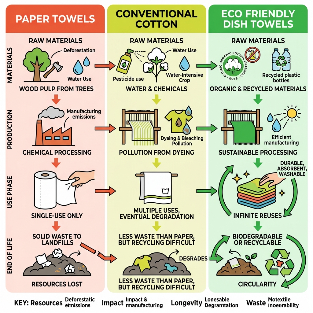 Lifecycle infographic comparing eco friendly dish towels versus paper towels and conventional cotton - eco friendly dish