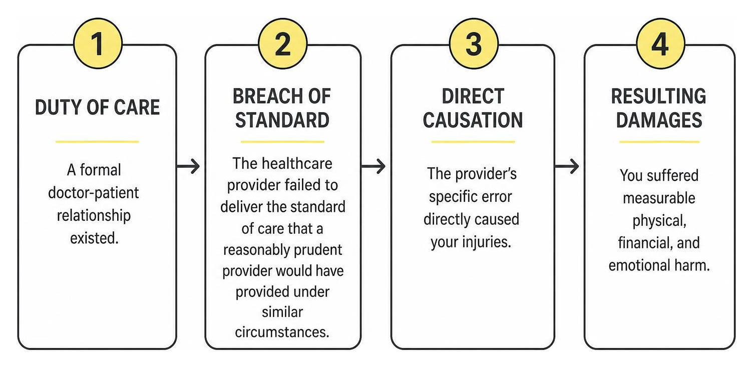 Process of proving medical malpractice: duty of care, breach of standard, direct causation, and resulting damages