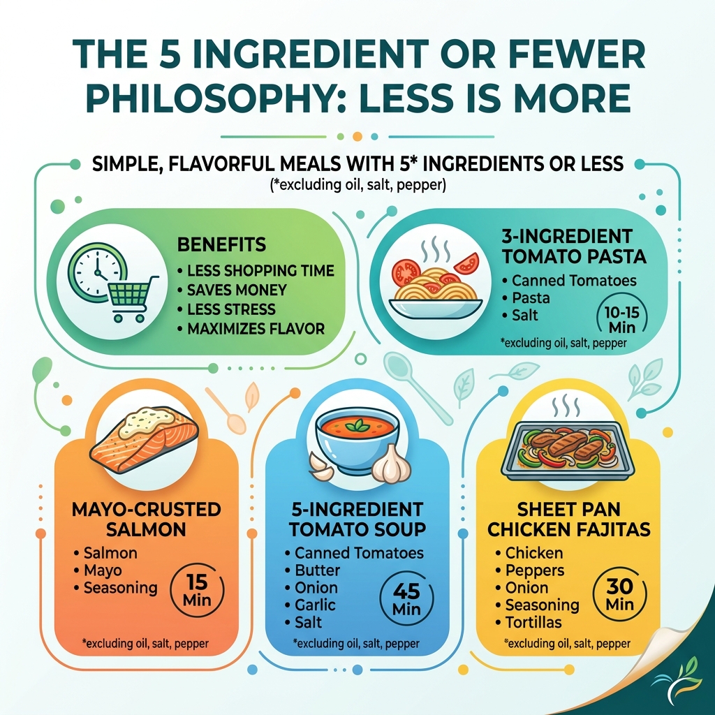 Infographic showing the 5 ingredients or fewer philosophy with examples across meal categories - minimal ingredient recipes