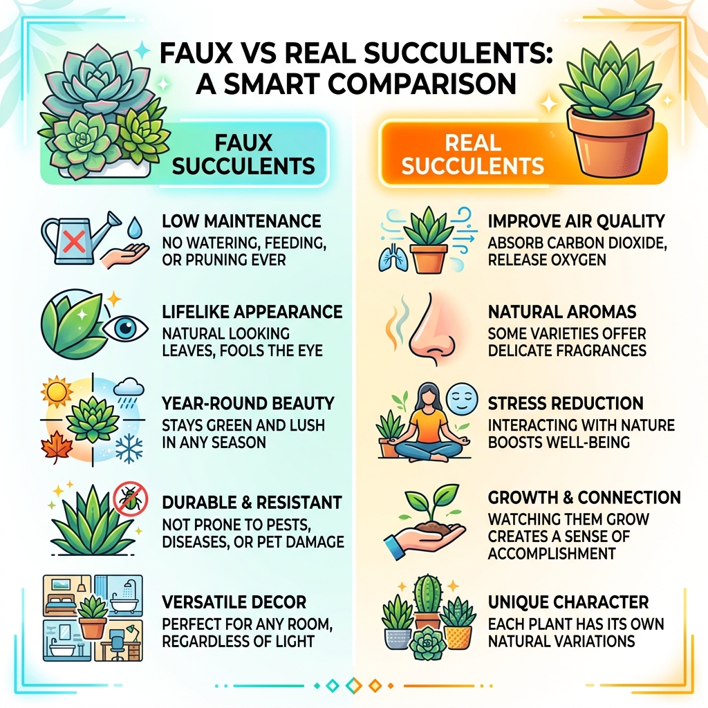Benefits of faux vs real succulents comparison infographic - fake succulent arrangements diy infographic 