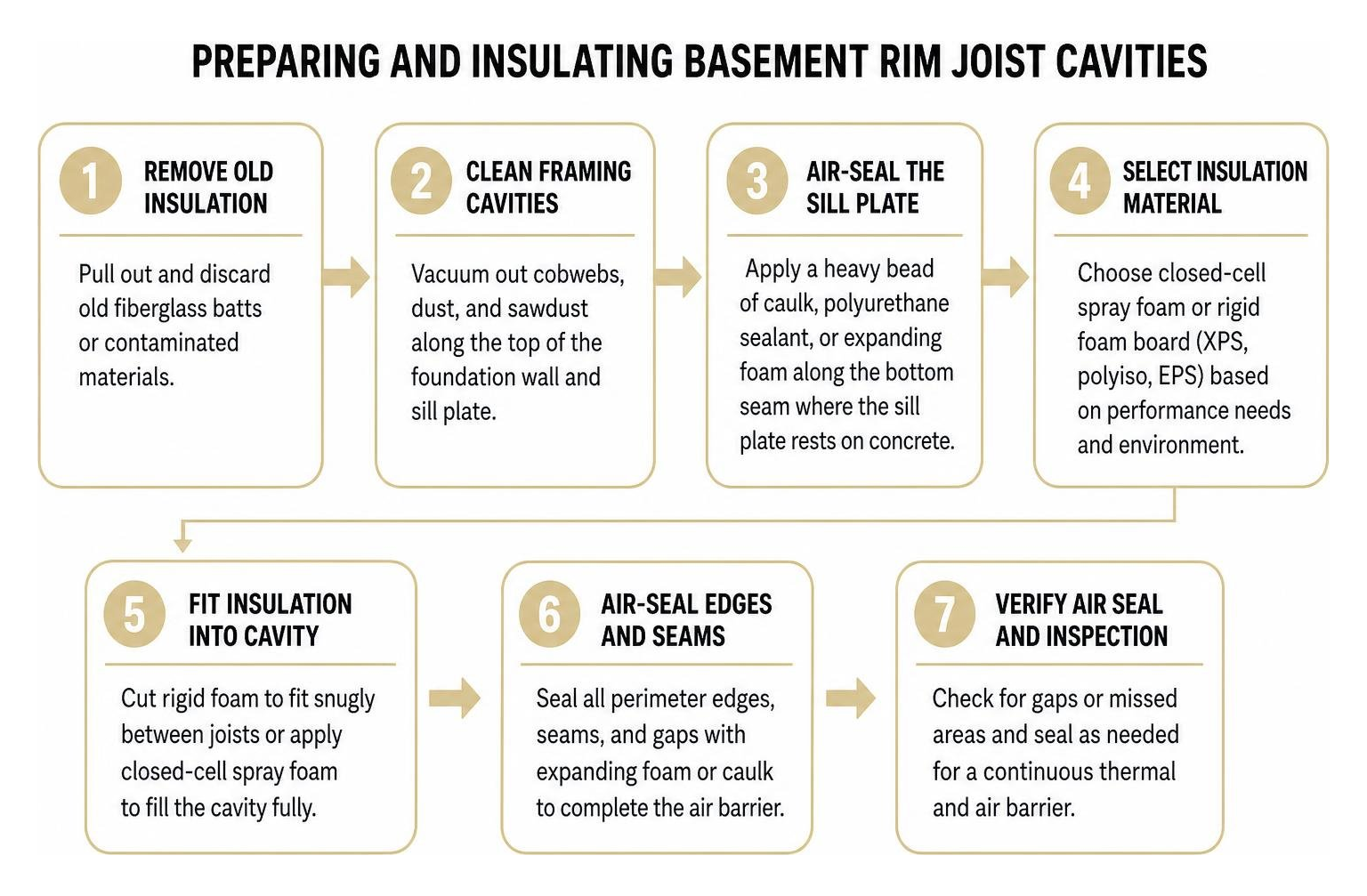 diagram showing the step-by-step sequence for preparing and insulating basement rim joist cavities diagram showing the step-by-step sequence for preparing and insulating basement rim joist cavities