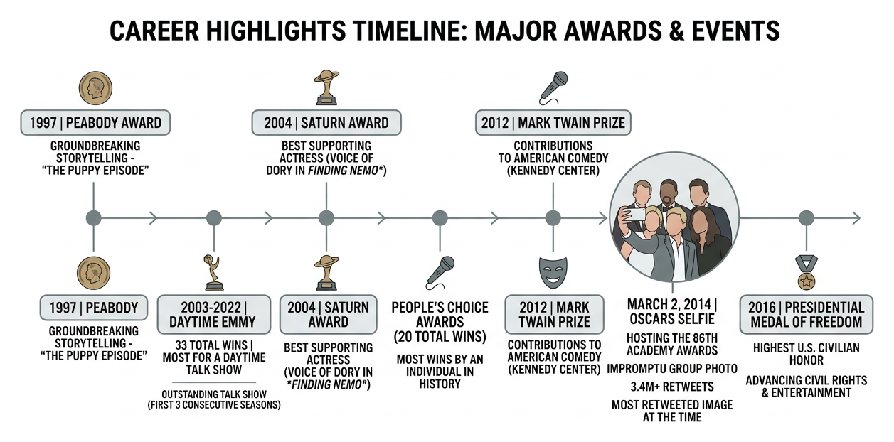 Timeline of career highlights including Oscars selfie and major awards