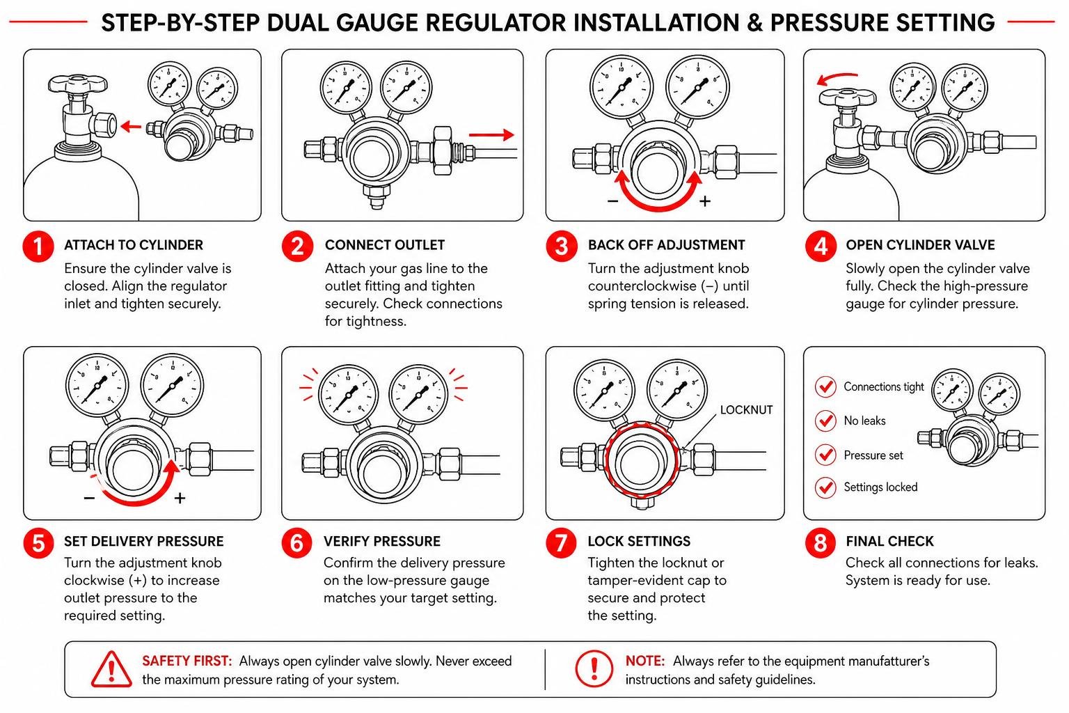 Step-by-step dual gauge regulator installation and pressure setting process Step-by-step dual gauge regulator installation and pressure setting process