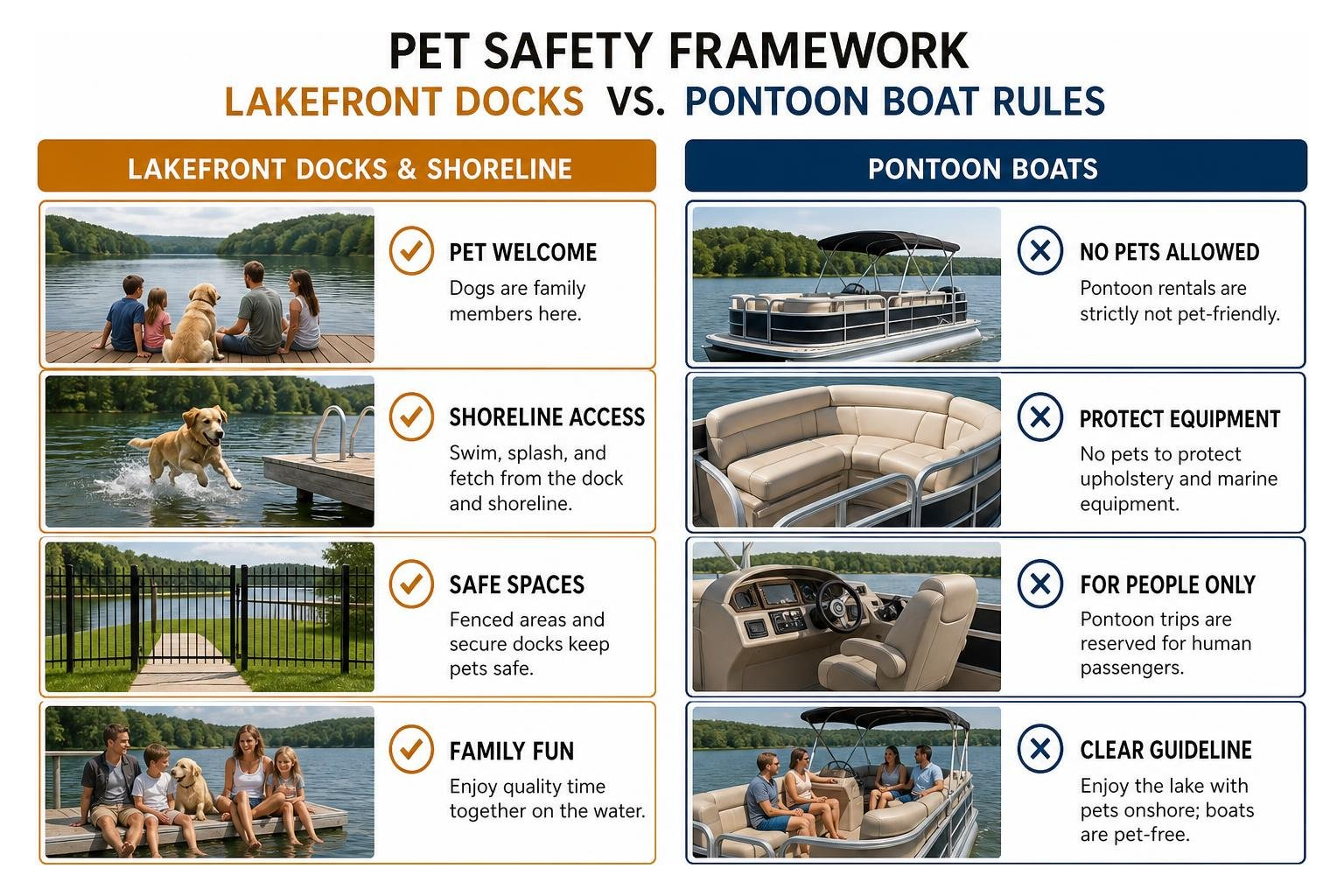Diagram showing pet safety framework on lakefront docks versus pontoon boat rules