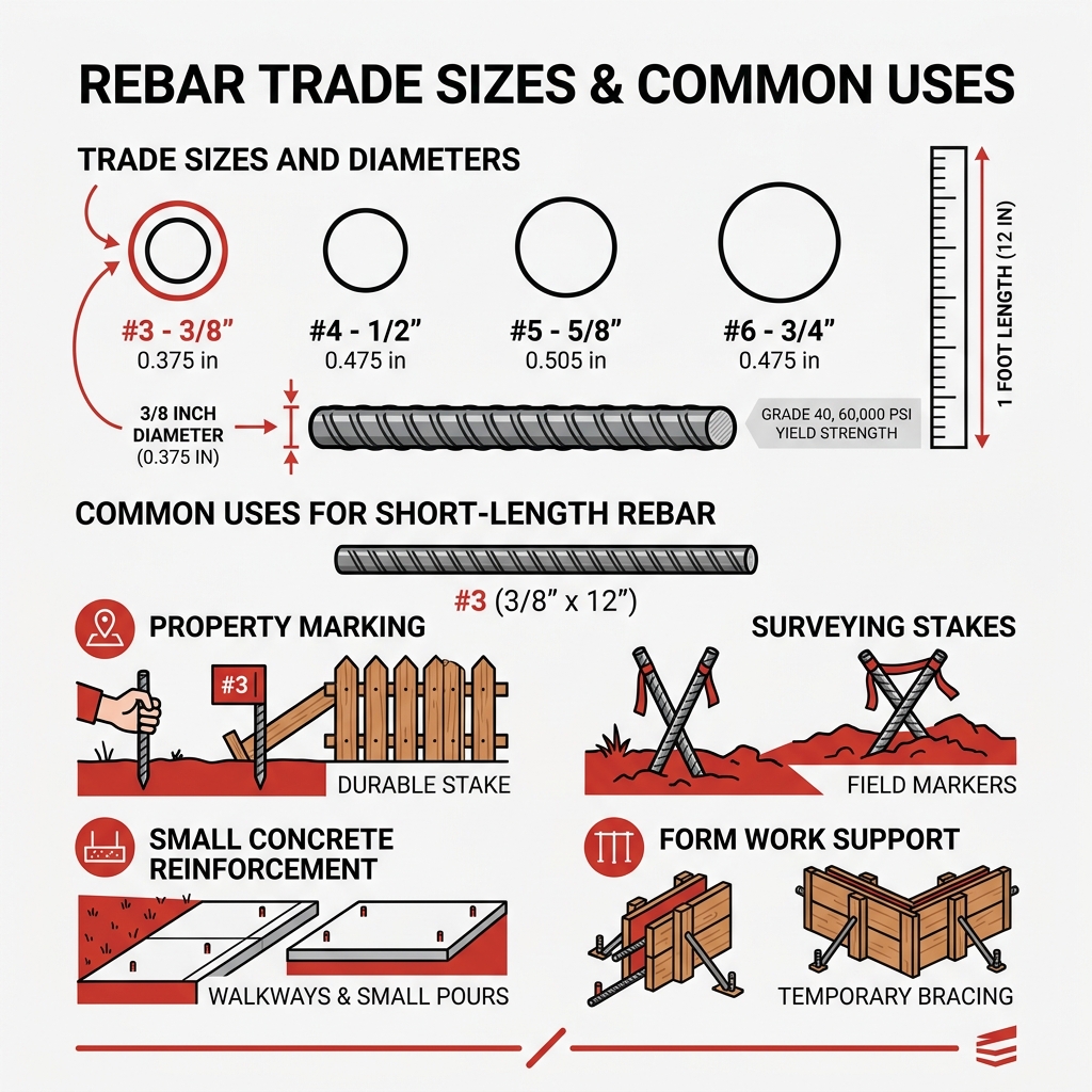 Infographic showing rebar trade sizes, diameters, and common uses for short-length rebar - 3 8 x 12 rebar infographic 