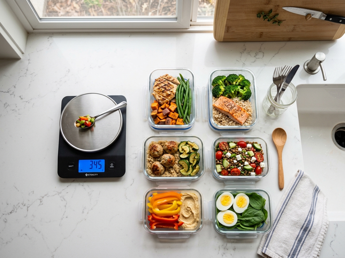 kitchen counter with food scale and glass meal prep containers - fast meal prep kitchen counter with food scale and glass meal prep containers - fast meal prep