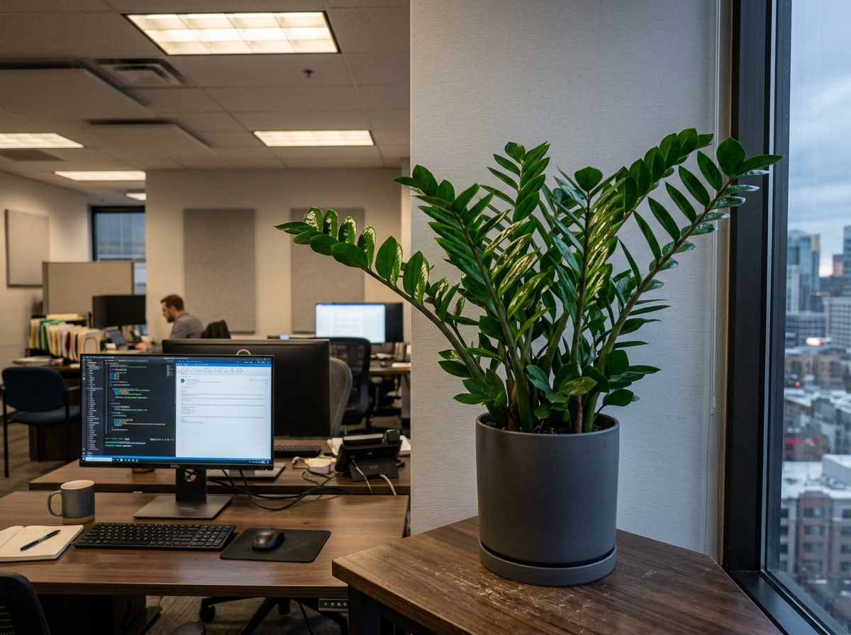 A sleek ZZ plant sitting in a modern office corner under dim lighting - easy care office plants
