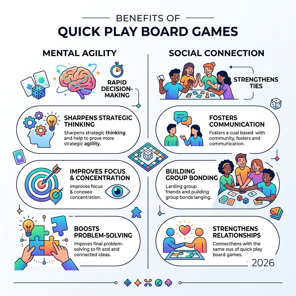 infographic showing benefits of quick play board games for mental agility and social connection - quick play board games infographic showing benefits of quick play board games for mental agility and social connection - quick play board games