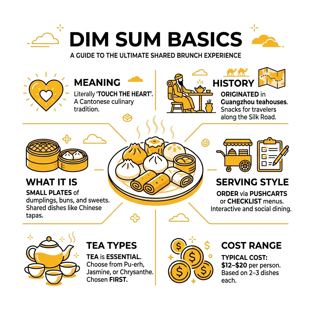 Infographic showing dim sum basics: meaning, history, serving style, tea types, and cost range - dim sum infographic Infographic showing dim sum basics: meaning, history, serving style, tea types, and cost range - dim sum infographic