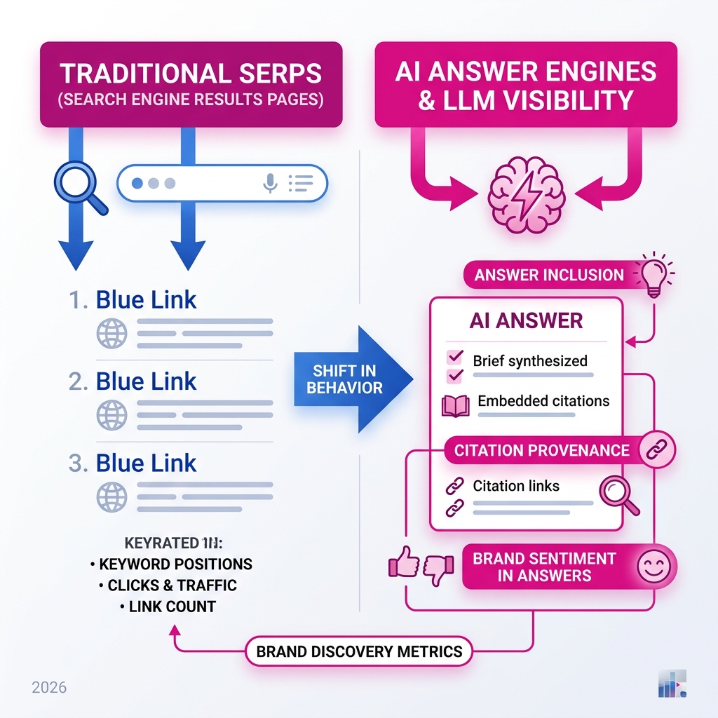 Infographic showing shift from traditional SERPs to AI Answer Engines and LLM visibility metrics - llm visibility