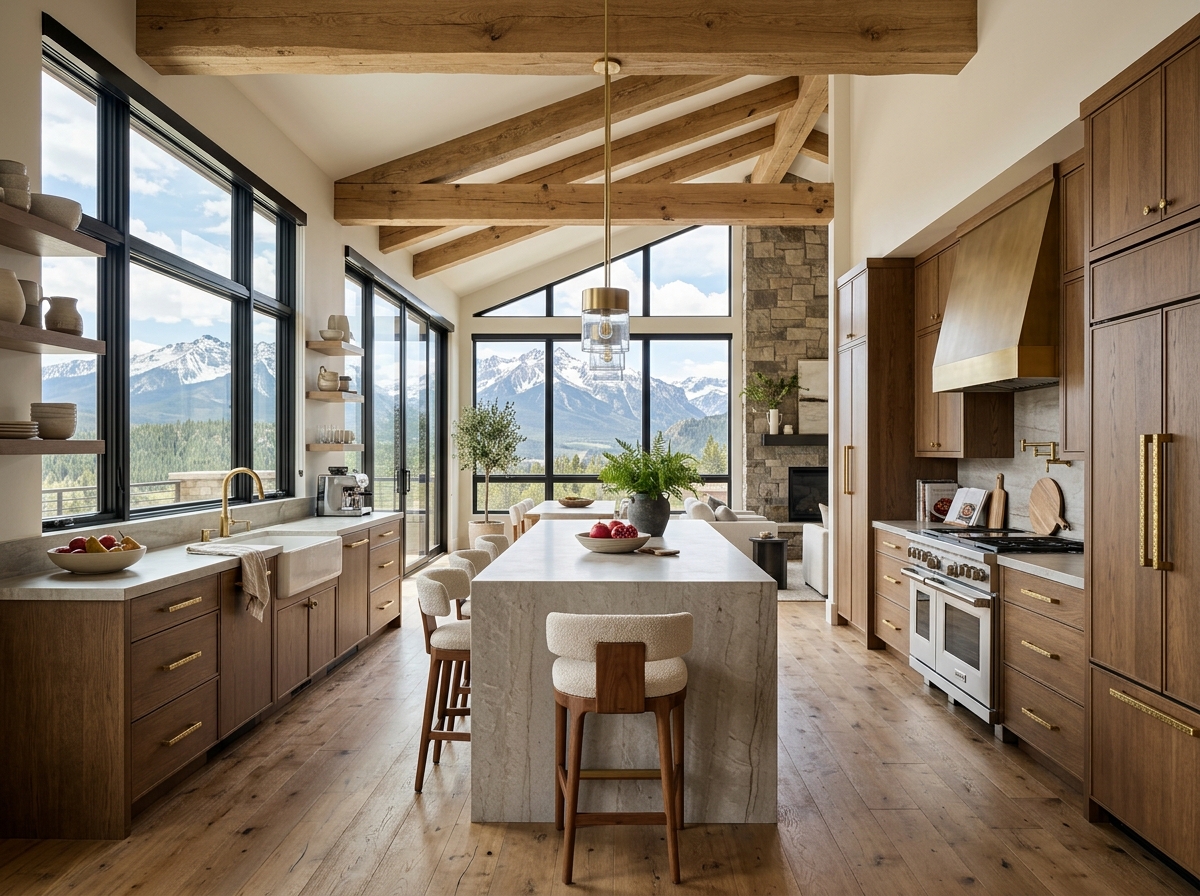 High-end modern mountain kitchen in a million-dollar Denver home, stone countertops, natural wood cabinetry, brass hardware High-end modern mountain kitchen in a million-dollar Denver home, stone countertops, natural wood cabinetry, brass hardware