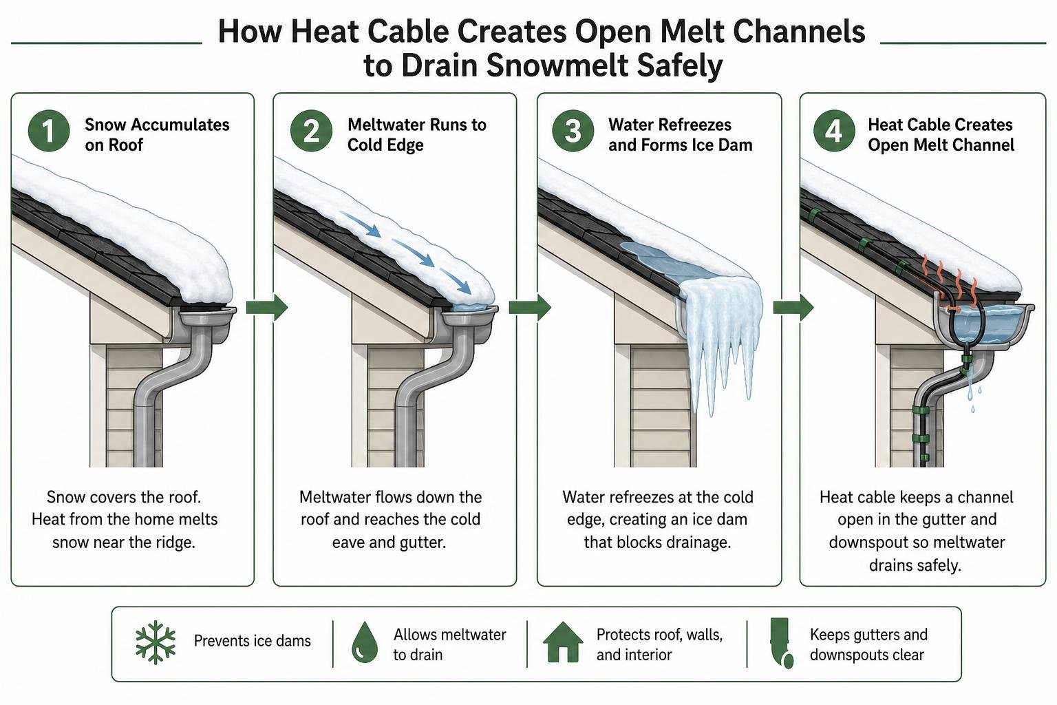 Diagram showing how heat cable creates open melt channels in roof valleys and gutters to drain snowmelt safely Diagram showing how heat cable creates open melt channels in roof valleys and gutters to drain snowmelt safely