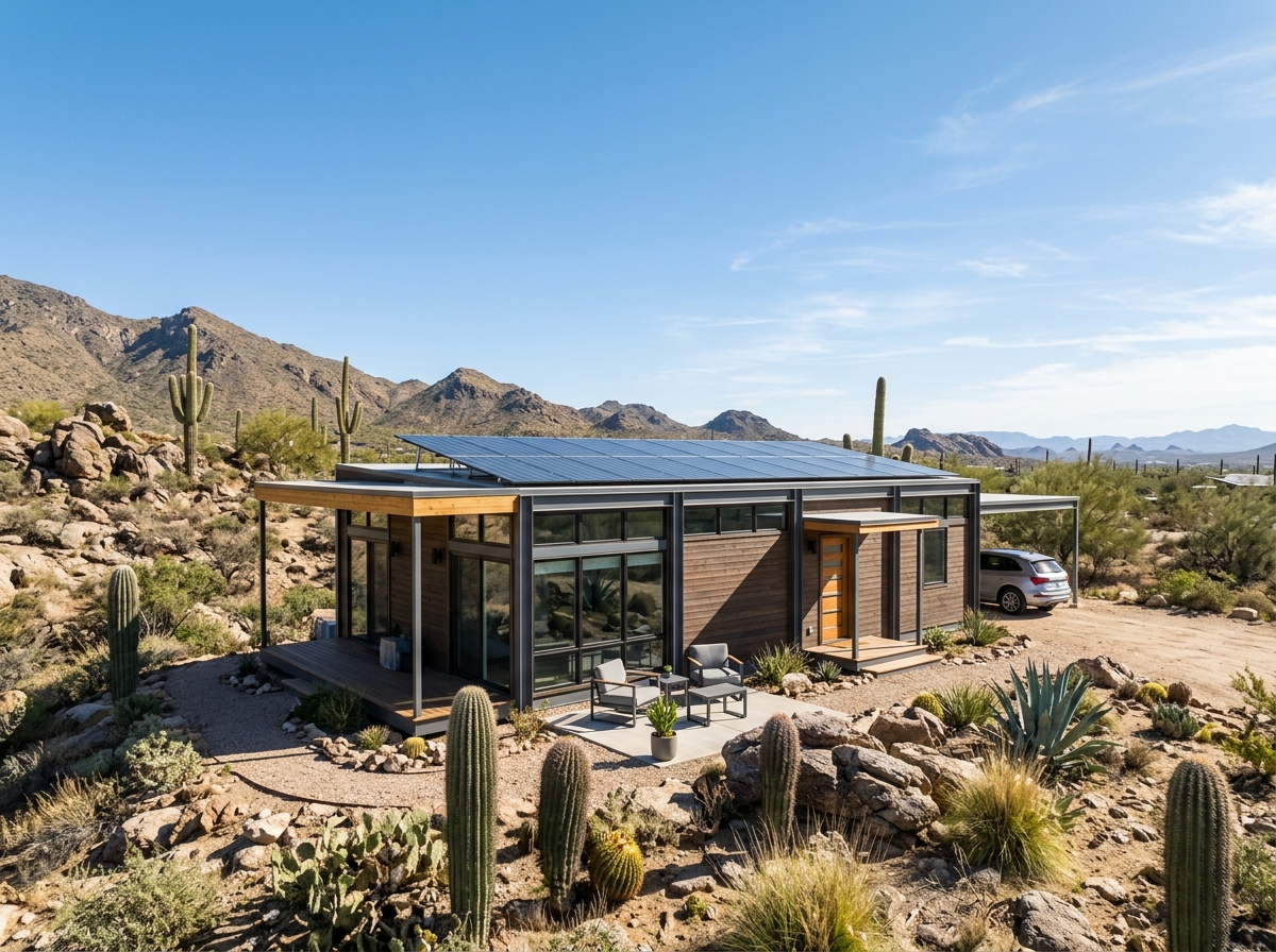 Modern solar-ready modular home in a desert landscape - sustainable modular additions nv