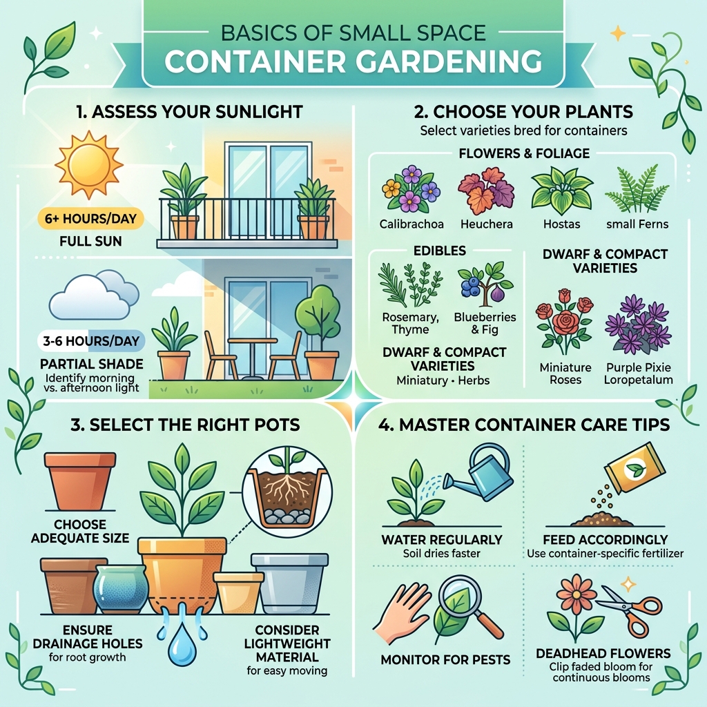 Basics of small space container gardening: sunlight levels, plant types, pot sizes, and care tips - small patio potted