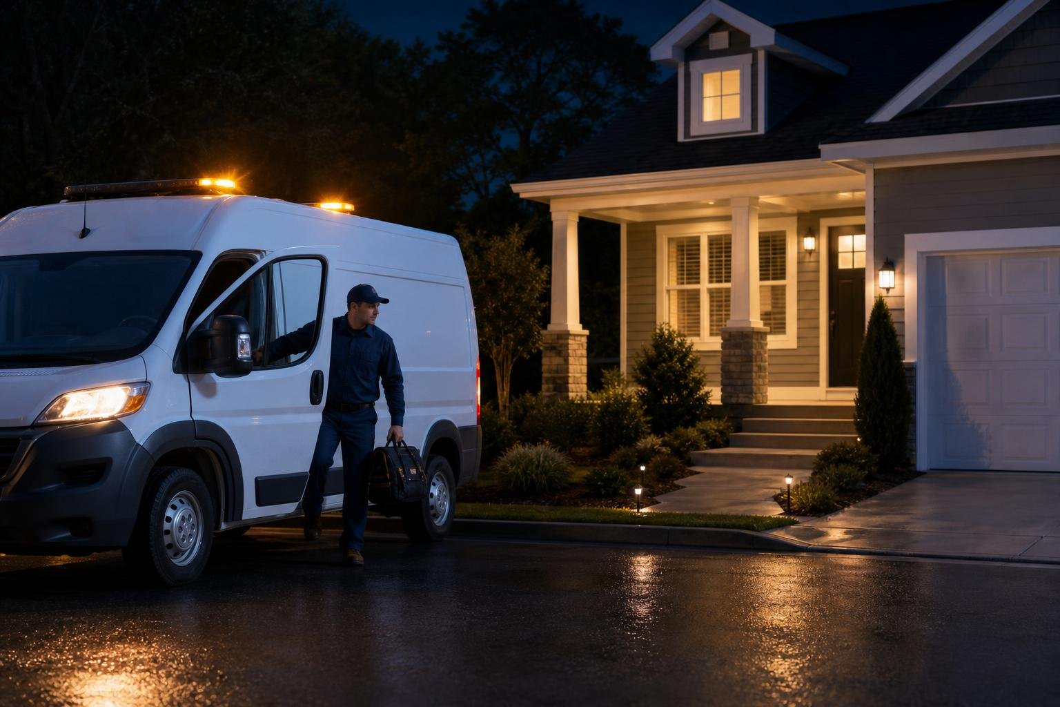 emergency service vehicle arriving at night