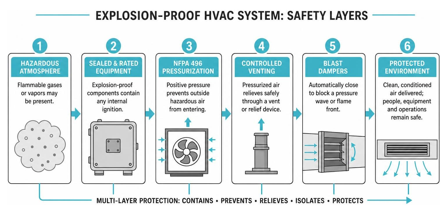 Diagram showing the safety layers of an explosion-proof HVAC system including NFPA 496 pressurization and blast dampers