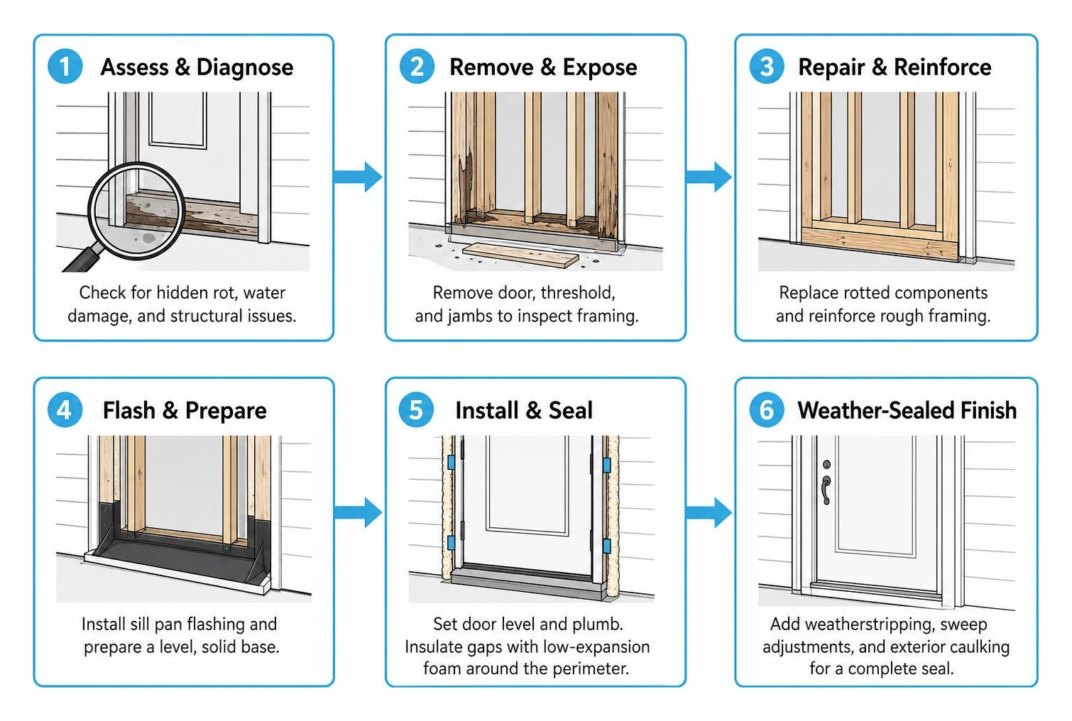 Sequence of diagnosing hidden frame rot to complete weather-sealed door framing Sequence of diagnosing hidden frame rot to complete weather-sealed door framing