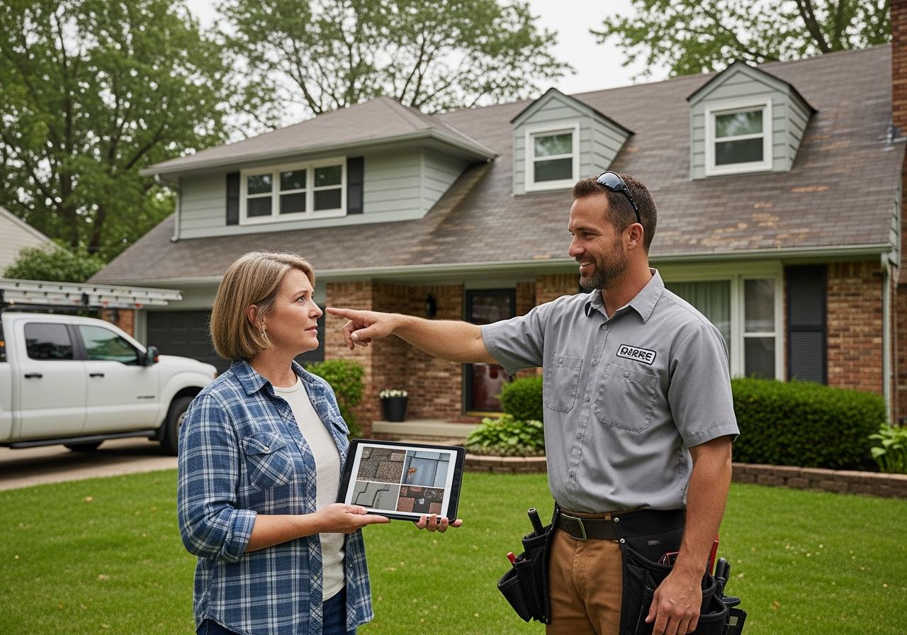 professional roofer consulting with a Temple homeowner - roofers in temple