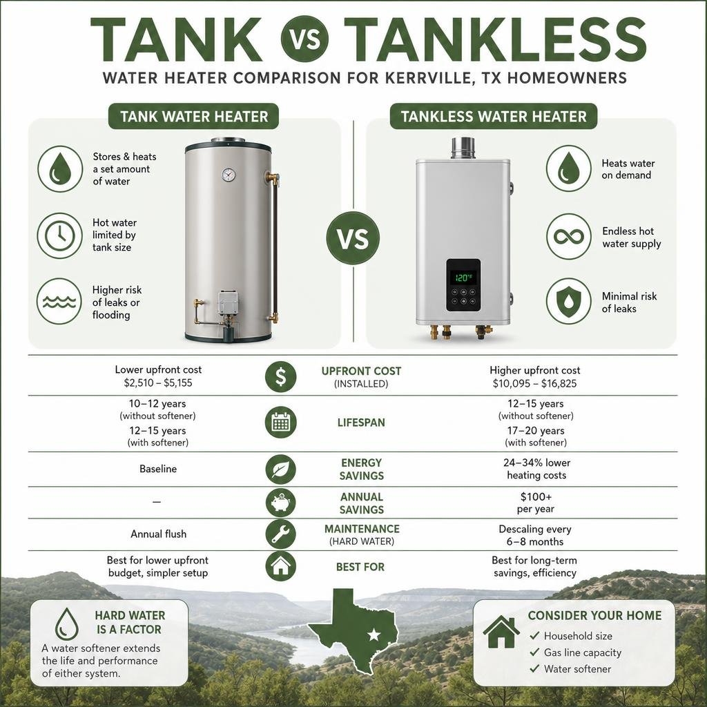 Tank vs tankless water heater comparison infographic for Kerrville TX homeowners infographic Tank vs tankless water heater comparison infographic for Kerrville TX homeowners infographic