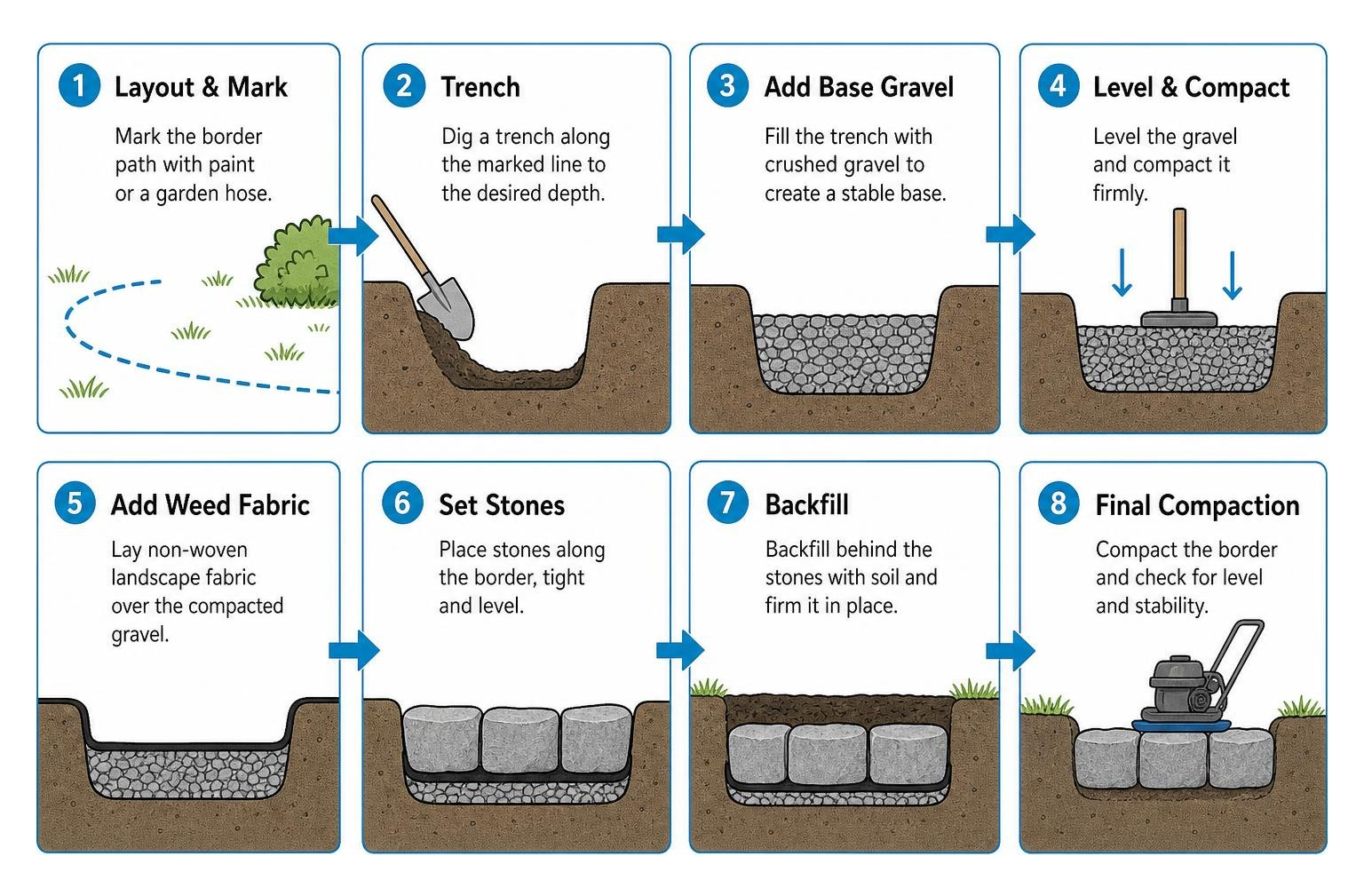 Step-by-step stone border installation process from trenching to compaction Step-by-step stone border installation process from trenching to compaction