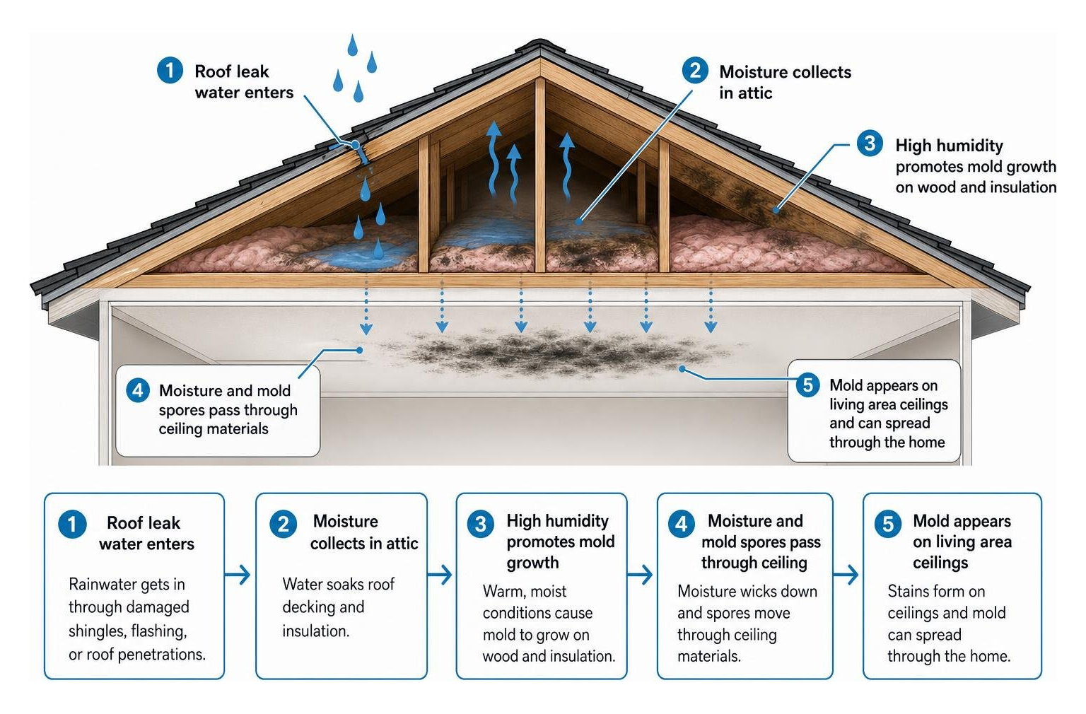 Diagram showing how roof leaks enter attic spaces and spread mold to living area ceilings Diagram showing how roof leaks enter attic spaces and spread mold to living area ceilings