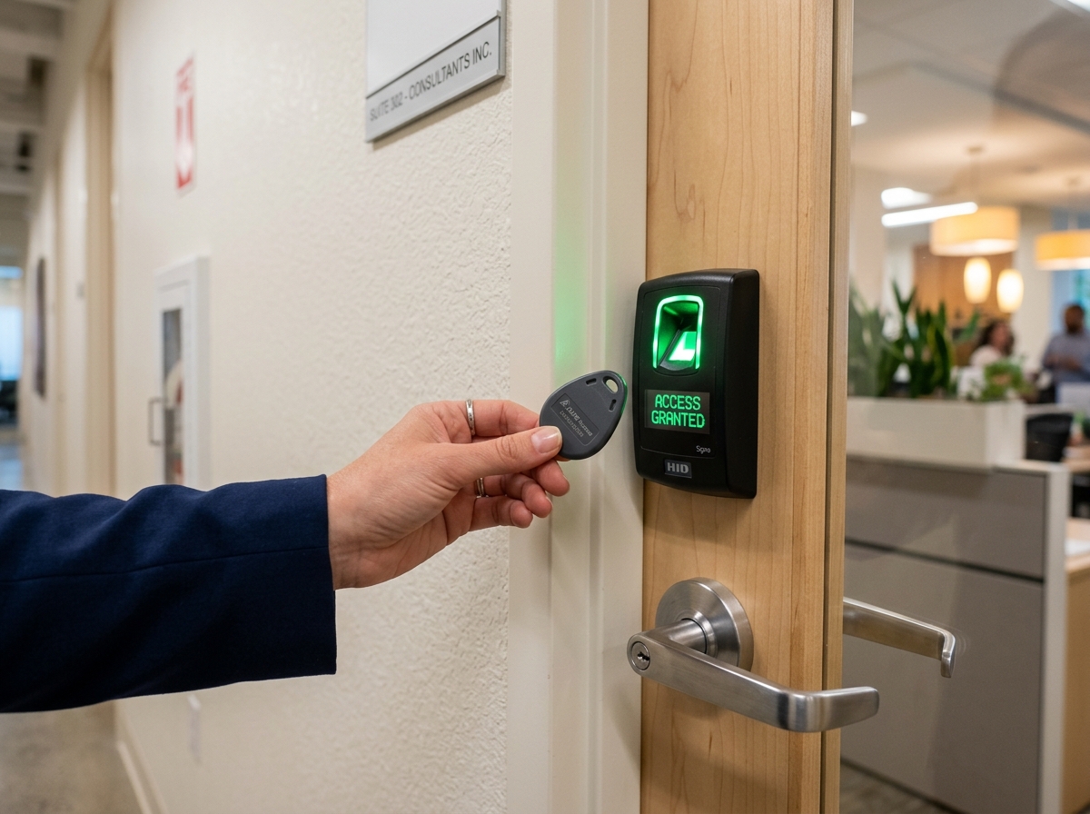 RFID key fob being held near a wall-mounted proximity reader - fob door entry system