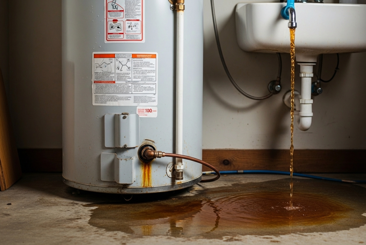 infographic showing 5 key warning signs a water heater needs replacement: no hot water or inconsistent temperature, visible leaks or pooling water around base, rumbling or banging noises from tank, rusty or discolored water from taps, and unit age over 10 years old - local water heaters in antioch, ca infographic showing 5 key warning signs a water heater needs replacement: no hot water or inconsistent temperature, visible leaks or pooling water around base, rumbling or banging noises from tank, rusty or discolored water from taps, and unit age over 10 years old - local water heaters in antioch, ca