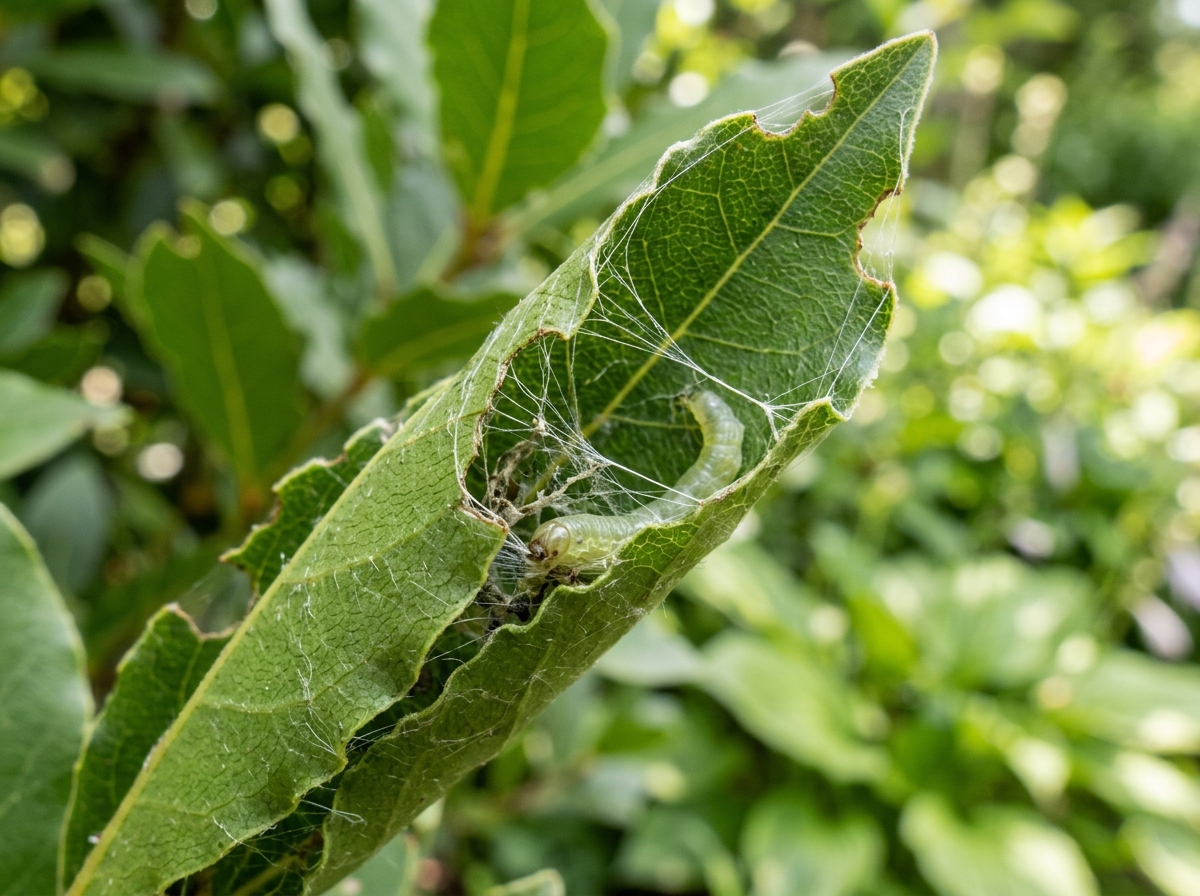 A leafroller moth larva hiding inside a webbed bay leaf - bay leaf caterpillar killer A leafroller moth larva hiding inside a webbed bay leaf - bay leaf caterpillar killer