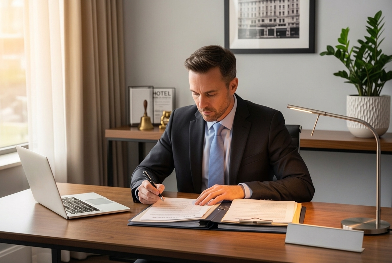 hotel manager reviewing insurance documents - Hotel Insurance Claim hotel manager reviewing insurance documents - Hotel Insurance Claim