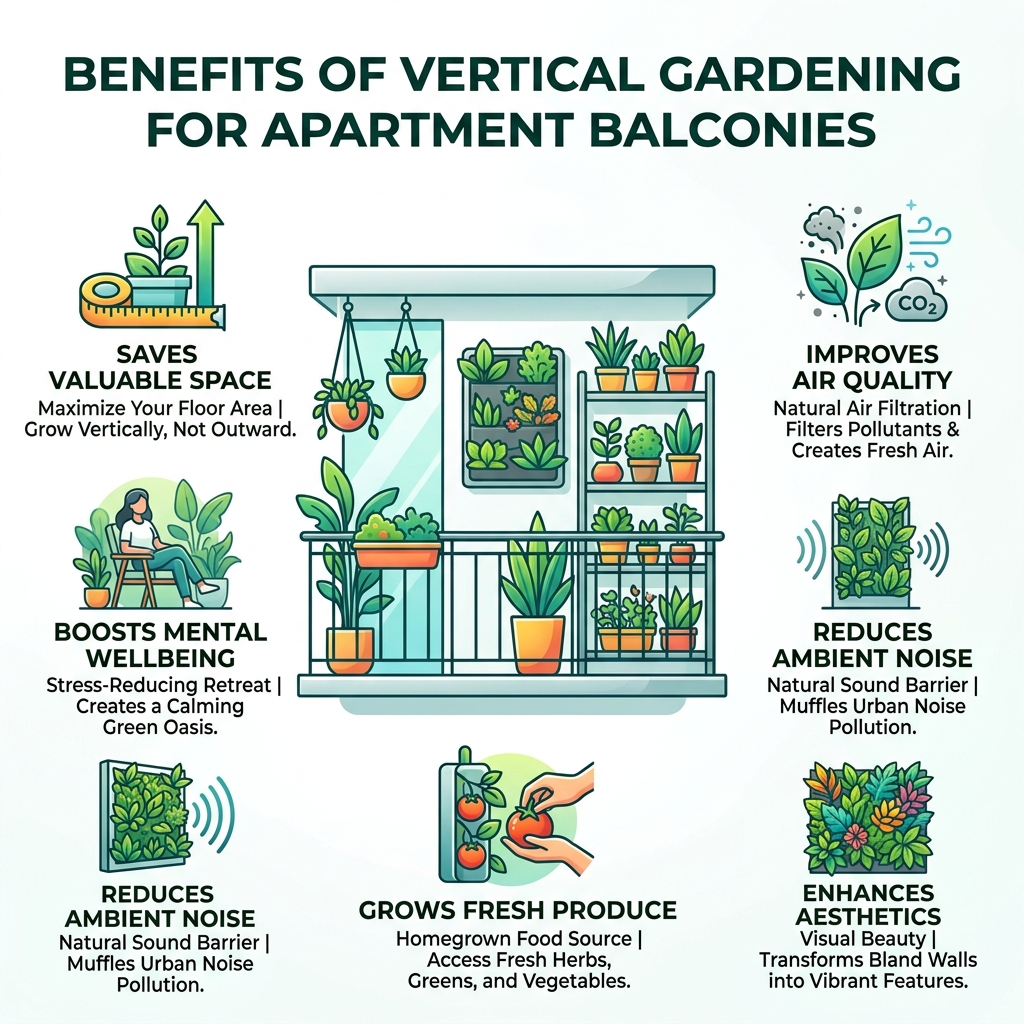 Benefits of vertical gardening for apartment balconies infographic - vertical garden for apartment balcony infographic 