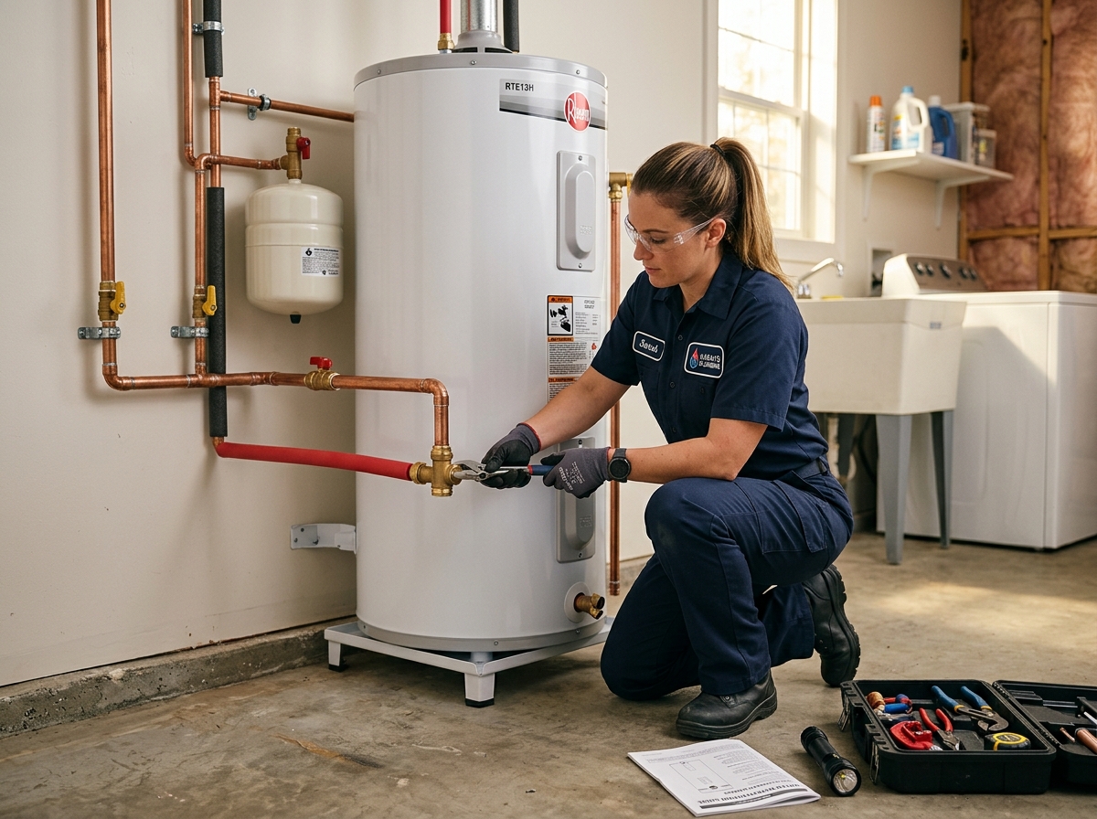 technician performing water heater installation