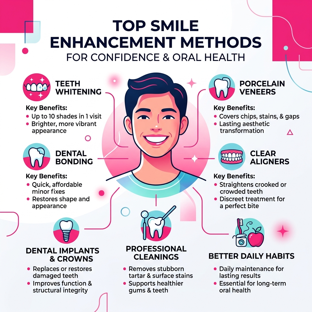 Infographic showing top smile enhancement methods and their benefits for confidence and oral health - Enhance your smile