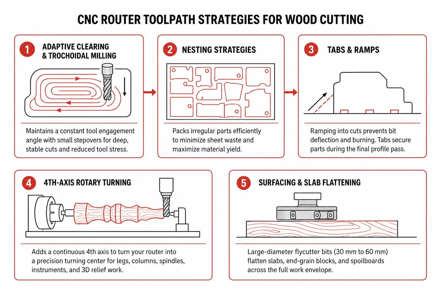 CNC router toolpath strategies for wood cutting