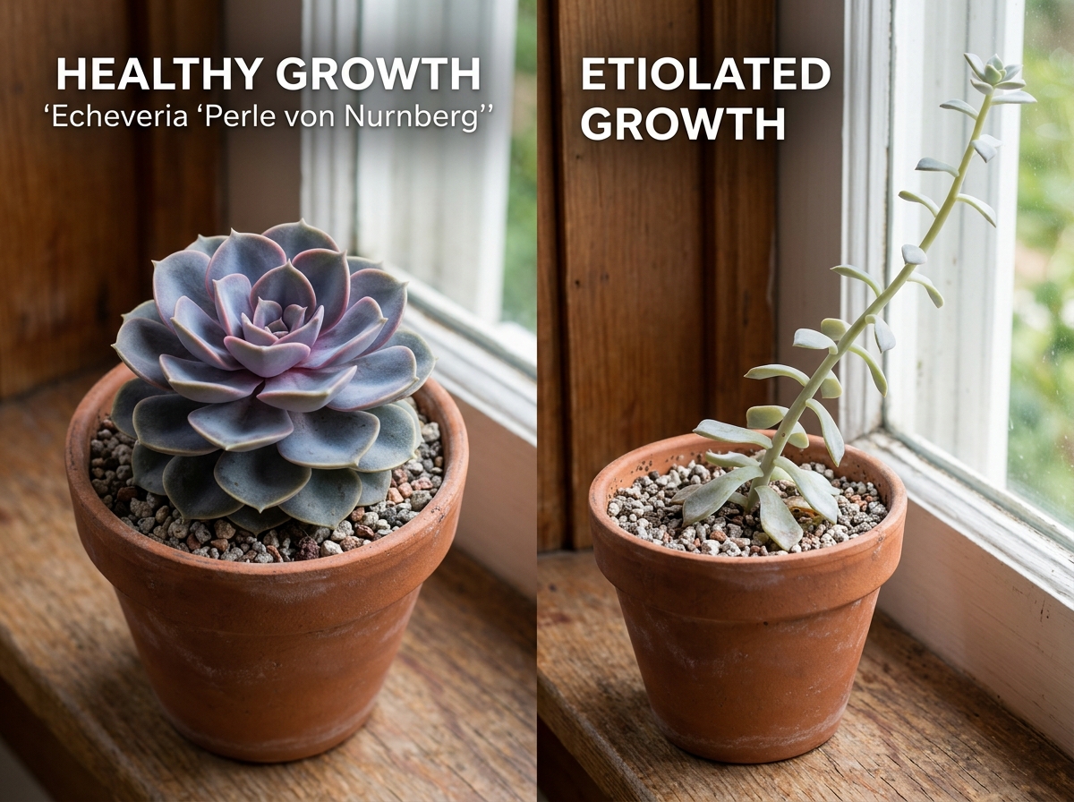 Comparison of a healthy compact Echeveria versus a stretched etiolated succulent reaching for light - indoor lighting for