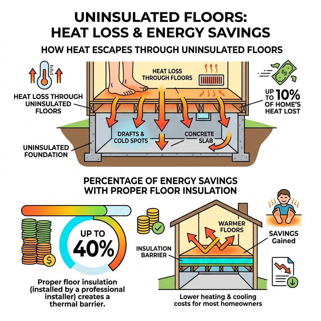 Infographic showing how heat escapes through uninsulated floors and the percentage of energy savings with proper floor