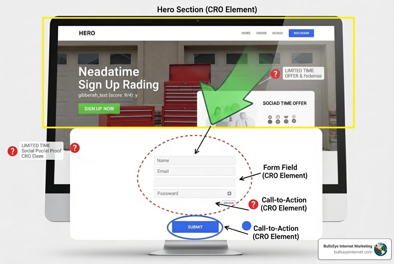 website homepage with callouts on key CRO elements - Conversion rate optimization Hero section of a website featuring a call-to-action button "Sign Up Now," form fields for name, email, and password, and highlighted elements indicating conversion rate optimization (CRO) strategies by BullsEye Internet Marketing.