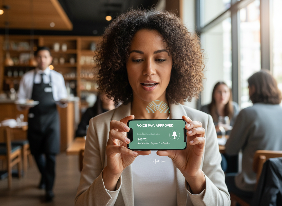 A person using a smartphone to verify a voice-activated payment with a fingerprint sensor - assistant routines for payments