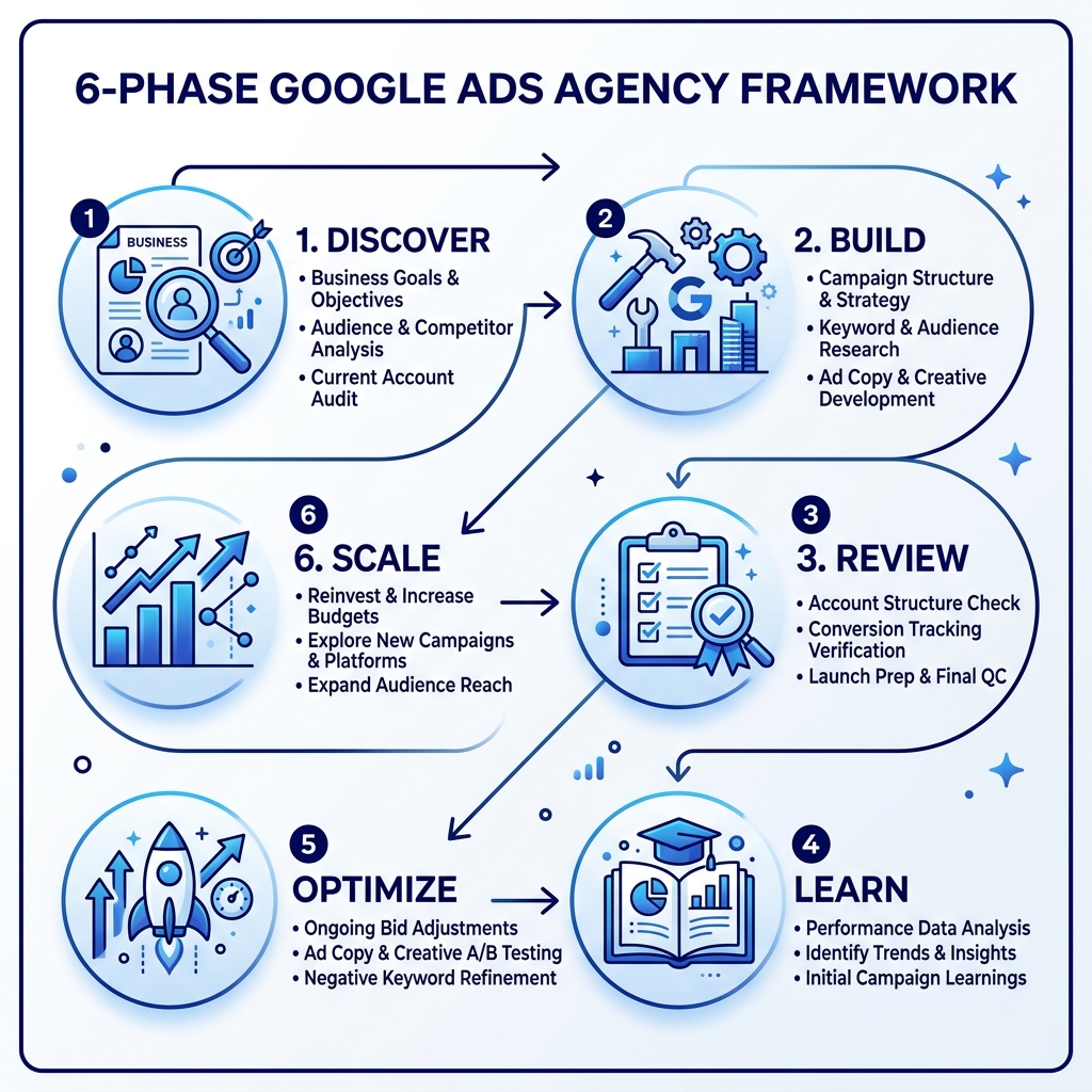 Infographic showing 6-phase Google Ads agency framework: Discover, Build, Review, Learn, Optimize, Scale - google adwords