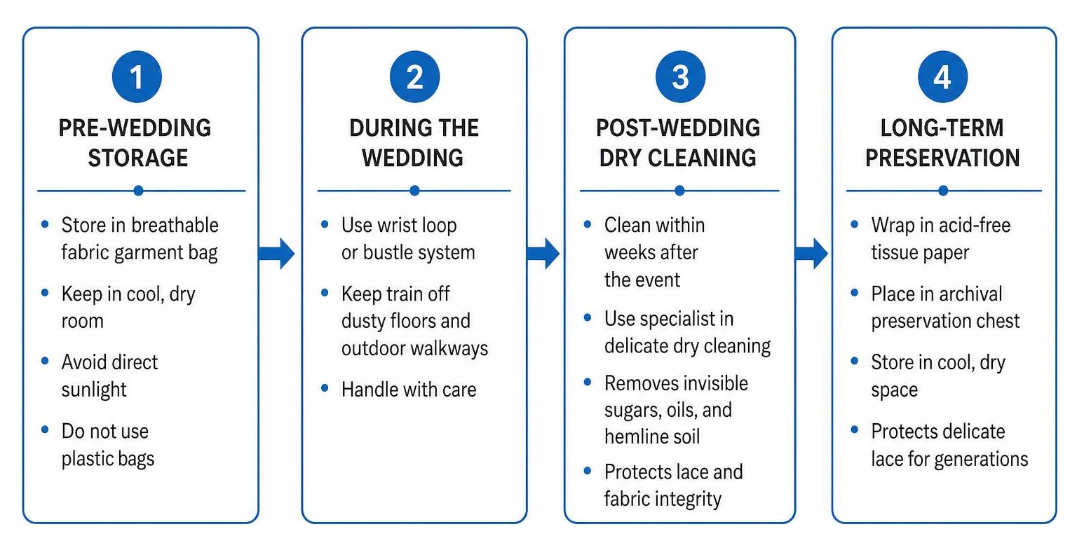 Gown care process diagram from pre-wedding storage to professional preservation Gown care process diagram from pre-wedding storage to professional preservation