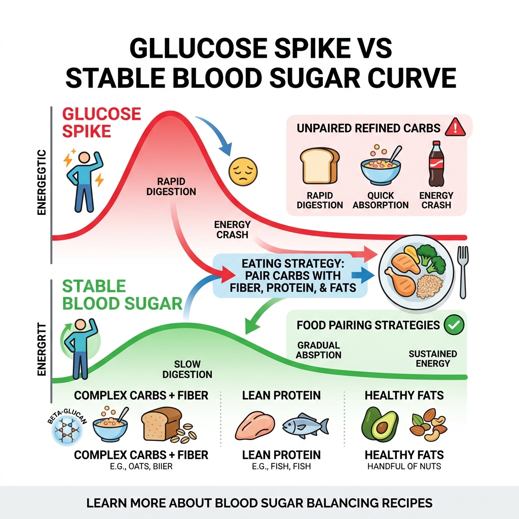 Infographic showing glucose spike vs stable blood sugar curve with food pairing strategies - blood sugar balancing recipes
