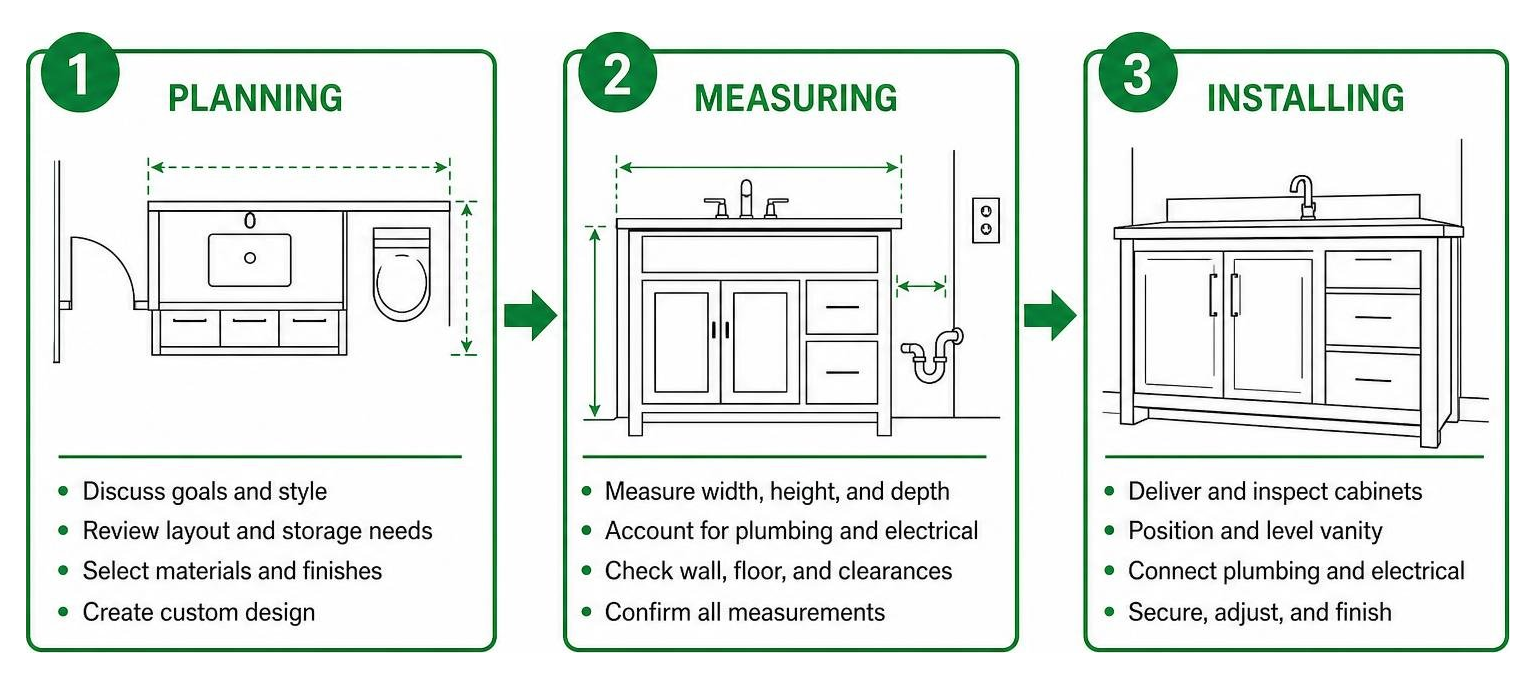 The process of planning, measuring, and installing custom bathroom cabinets The process of planning, measuring, and installing custom bathroom cabinets