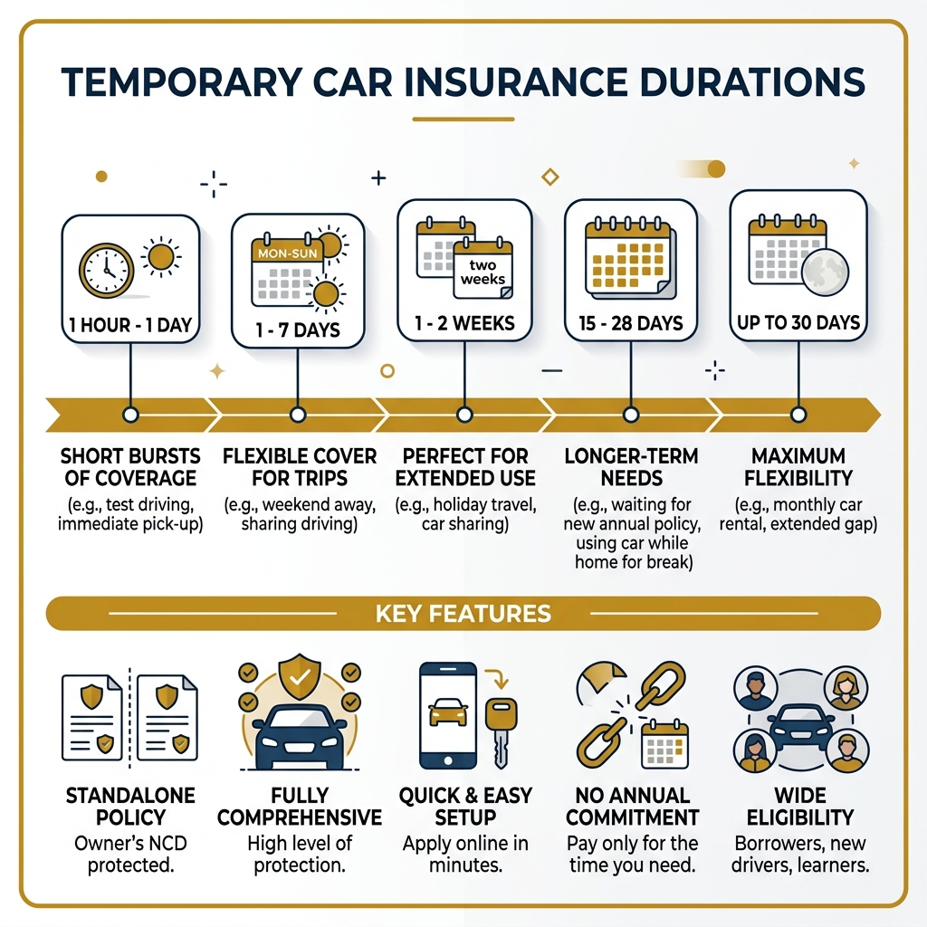 Infographic showing temporary car insurance durations from 1 hour to 30 days with key features - temporary car insurance