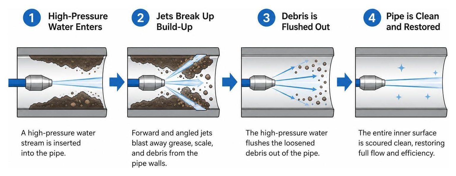 Diagram illustrating the process of hydro jetting scouring a pipe clean Diagram illustrating the process of hydro jetting scouring a pipe clean