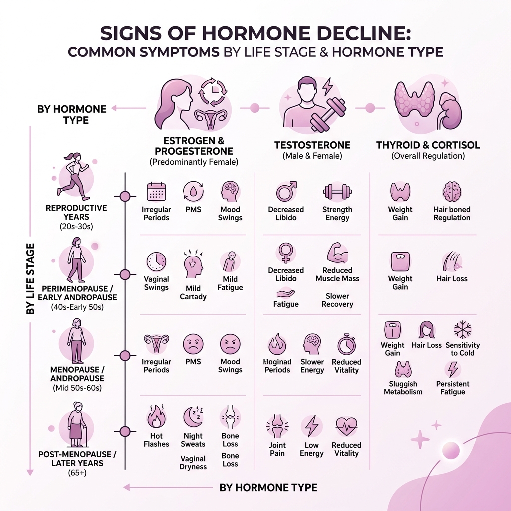 Signs of hormone decline infographic showing common symptoms by life stage and hormone type - Hormone replacement therapy