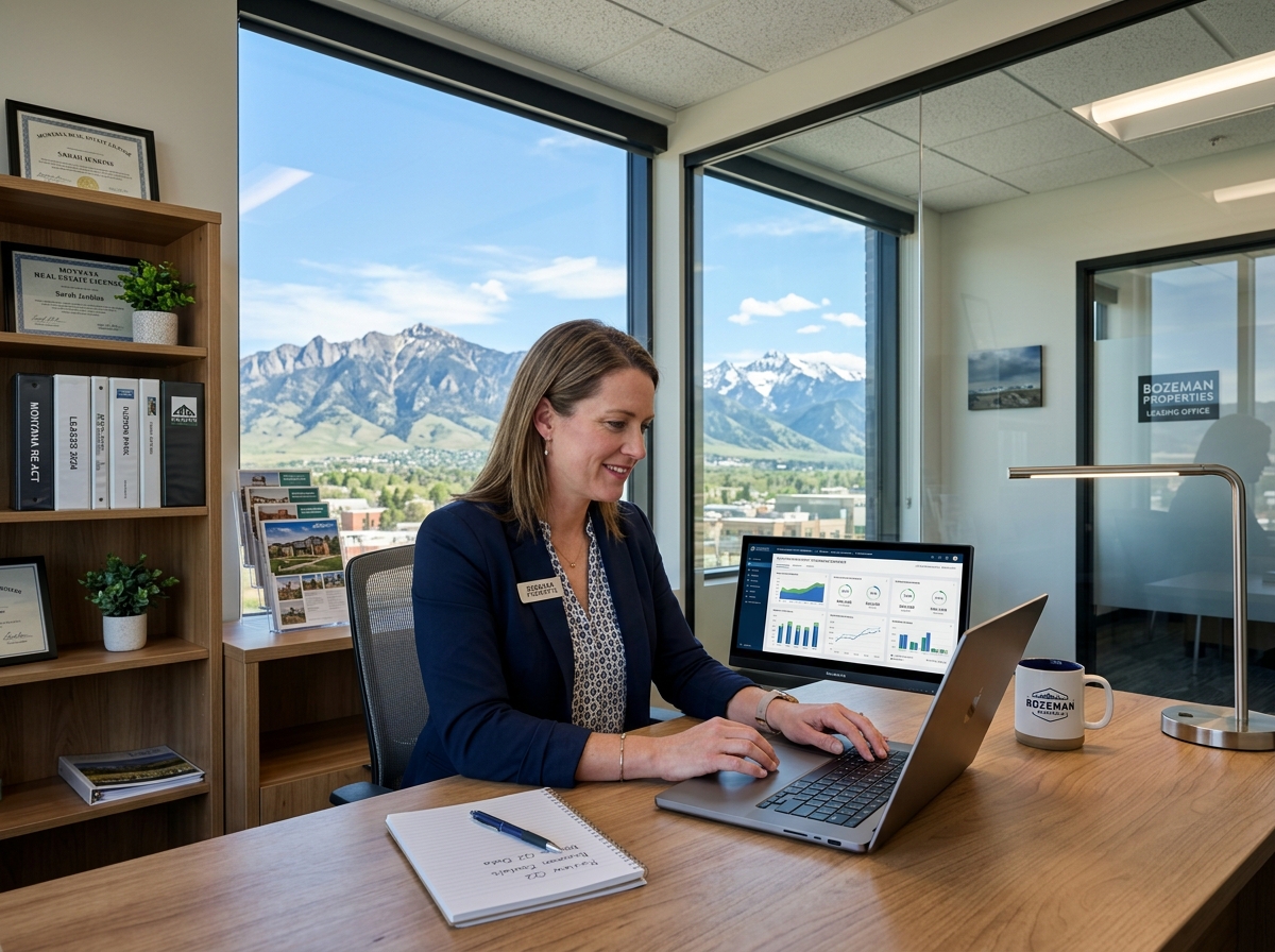 Property manager in a Bozeman office reviewing a financial dashboard on a laptop with mountain views in the background Property manager in a Bozeman office reviewing a financial dashboard on a laptop with mountain views in the background