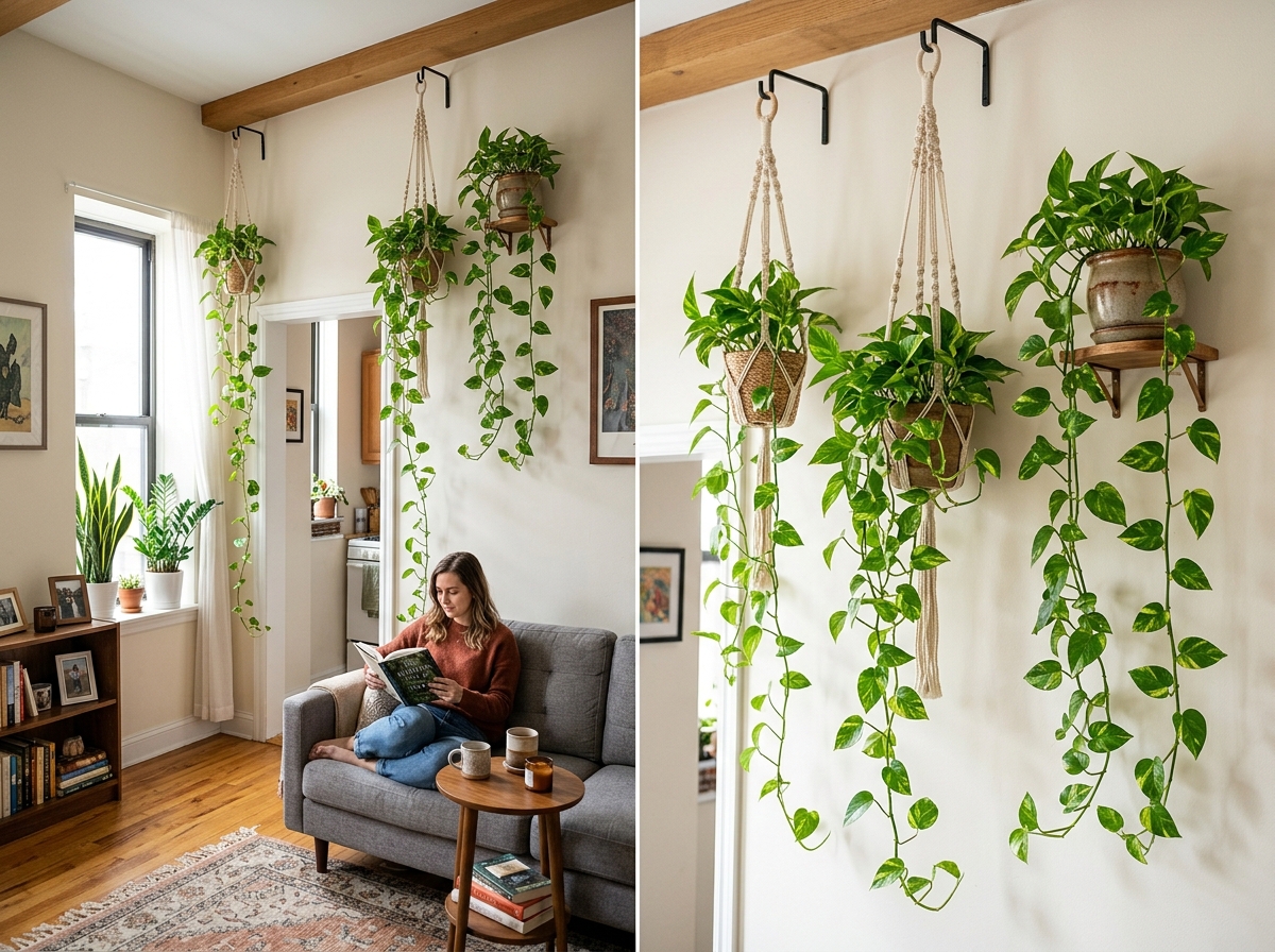 Vertical plant display in a small apartment showing space-saving benefits - hanging pothos plant holders