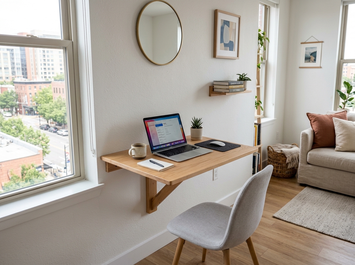 Wall-mounted drop-leaf desk in a modern studio apartment - desk and storage for small spaces Wall-mounted drop-leaf desk in a modern studio apartment - desk and storage for small spaces