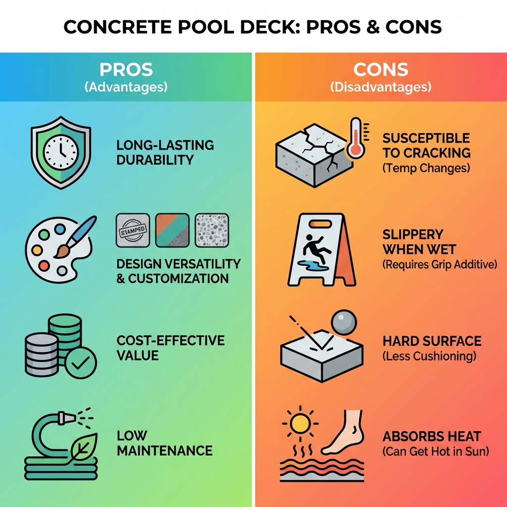 Infographic on concrete pool deck pros and cons - Concrete pool deck infographic 