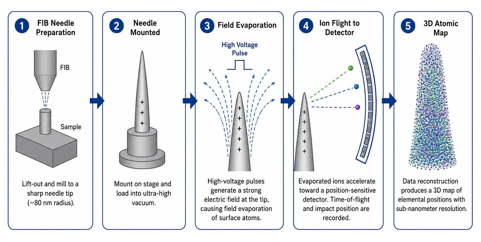 Diagram showing 3D Atom Probe Tomography steps from FIB needle prep to field evaporation and 3D map
